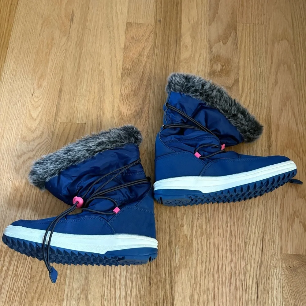 Arctic Adventure Navy Blue Winter Snow Boots Sz 1 Waterproof Faux Fur Tie